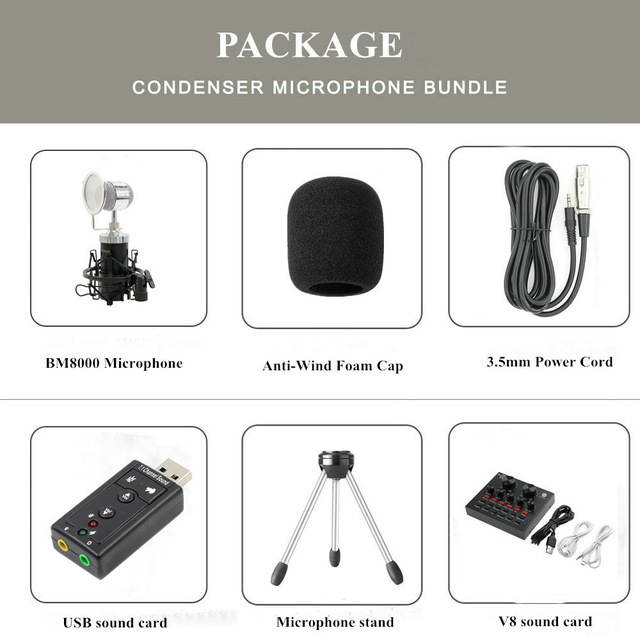 BM 8000 Condenser Wired Microphone Kit 3.5MM Recording Studio Mic With V8 Sound Card Pop Filter for KTV Karaoke Computer