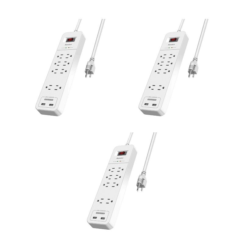 Huntkey 3 x SMC807 Power Strip with 8 Standard American Sockets, 2 5V/2.4A USB Ports, and 6 Foot Heavy Duty Cord, White (3 Pack)
