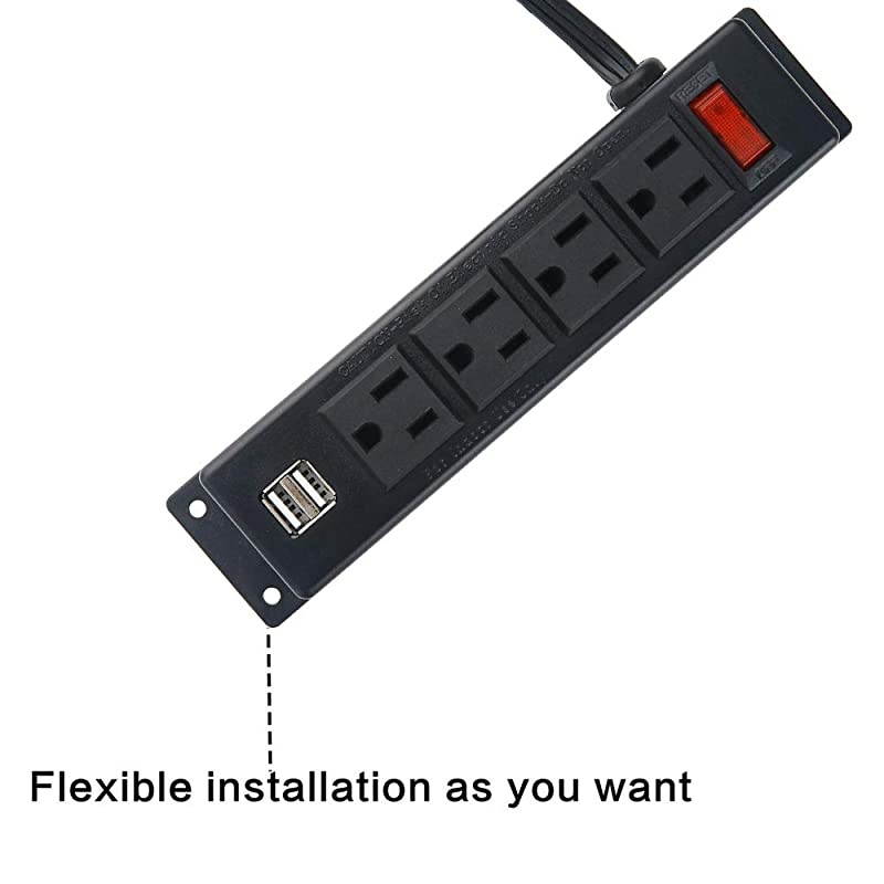 Mount Power Strip with USB Mountable Power Outlet with 4 AC Outlet 2 USB Port Switch Connect with 656 ft Power Cord Mount Under Desk Workbench Nightstand Dresser Table4AC2USB656FT