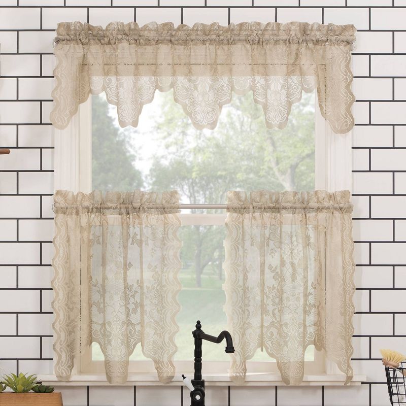14"x58" Alison Floral Lace Sheer Rod Pocket Kitchen Curtain Valance Beige - No. 918
