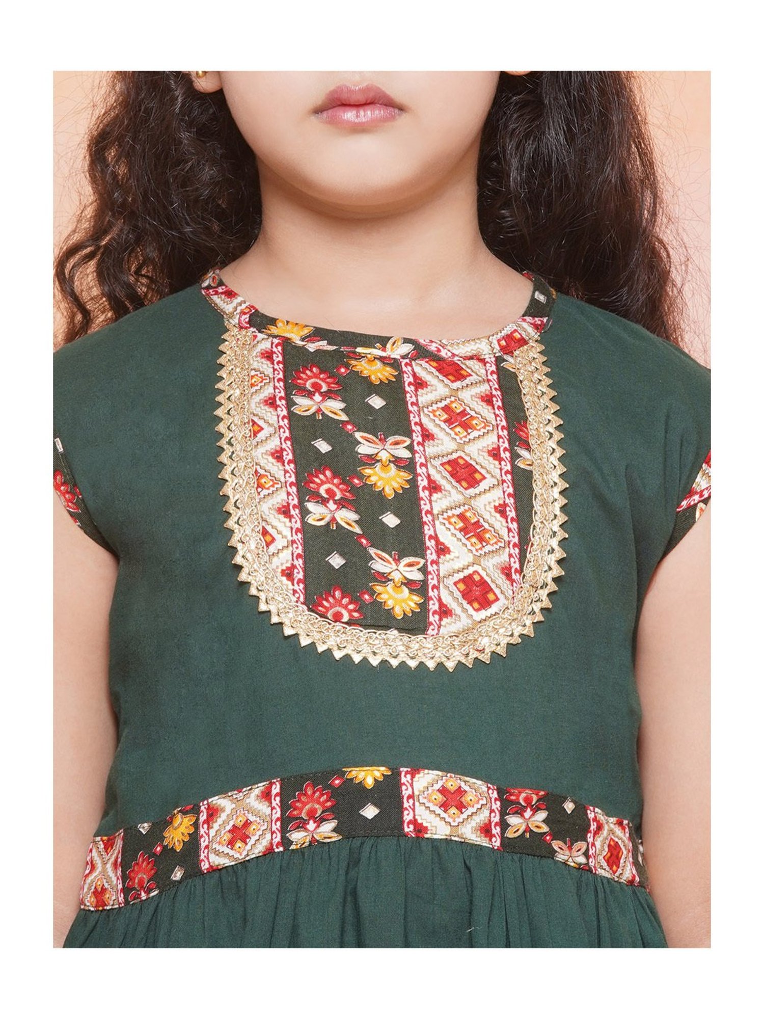 AJ Dezines Kids Dark Green & White Floral Print Kurta with Sharara
