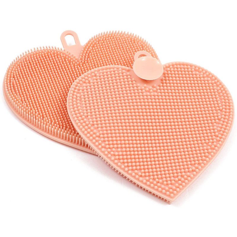 4-Pack Silicone Sponge Scrubber Kitchen Dish Cleaning Washing Brush Trivet Pad, 4.8"x5" Pink Heart