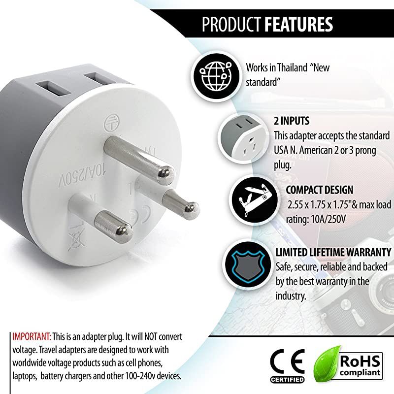 Thailand Power Plug Adapter by  with 2 USA Inputs Travel 3 Pack Type O US18 Safe Grounded Use with Cell Phones Laptop Camera Chargers CPAP and More