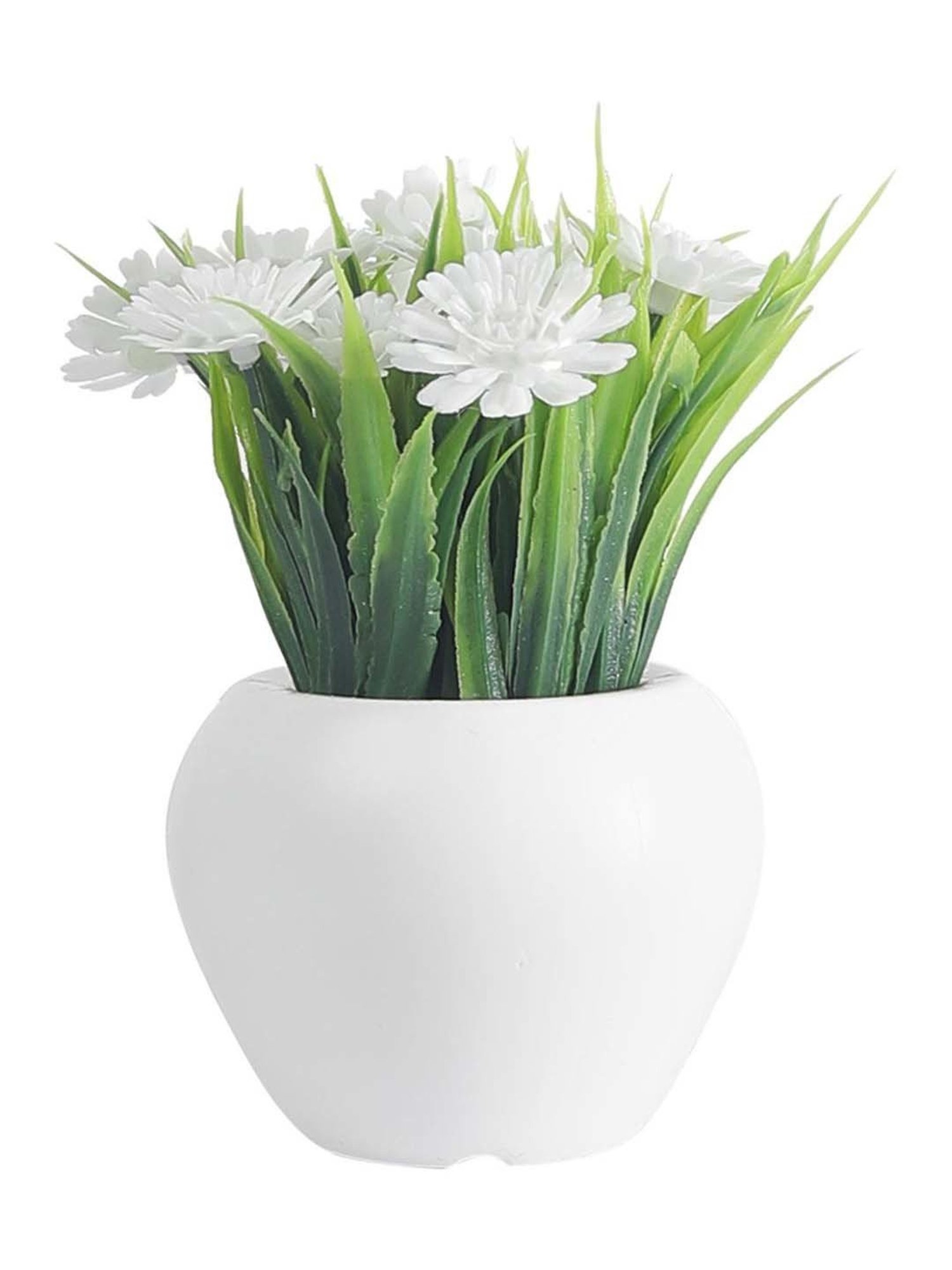 Foliyaj Yellow & White Plastic Artificial Mini Gerbera Plant With Thin Long Leaves - Set of 2