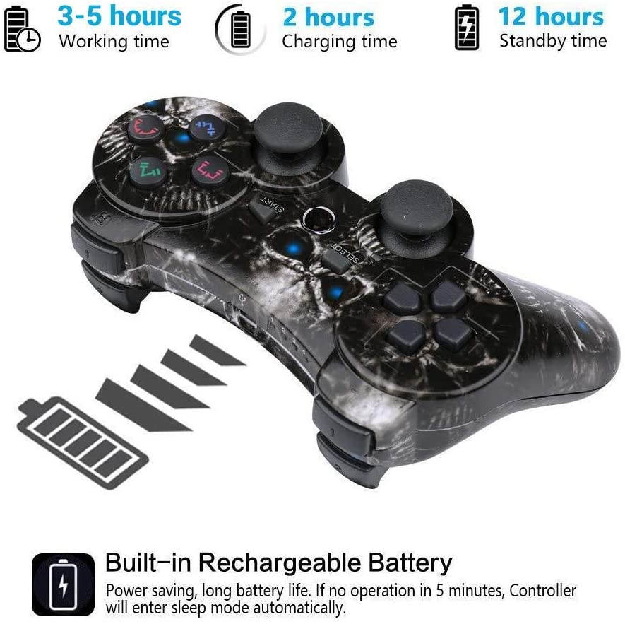 Bluetooth PS3 Controller Wireless Dual Shock Gamepad for Sony Playstation 3 with Charging Cord (Skull)