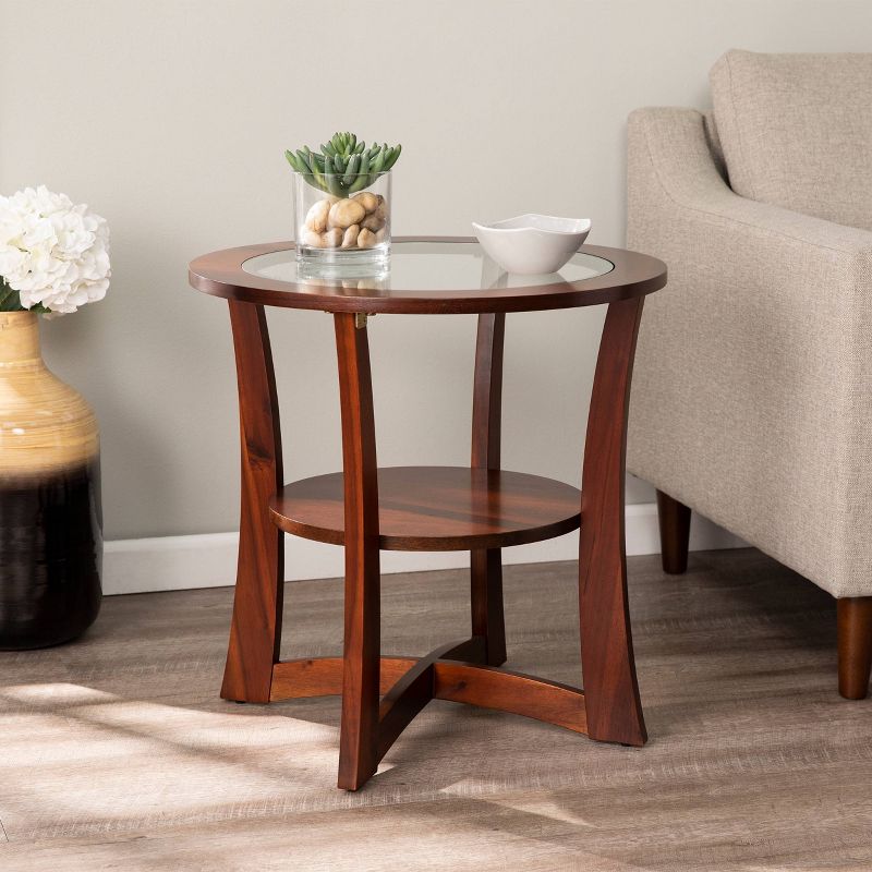 Desvy Round Glass Top End Table Brown - Aiden Lane