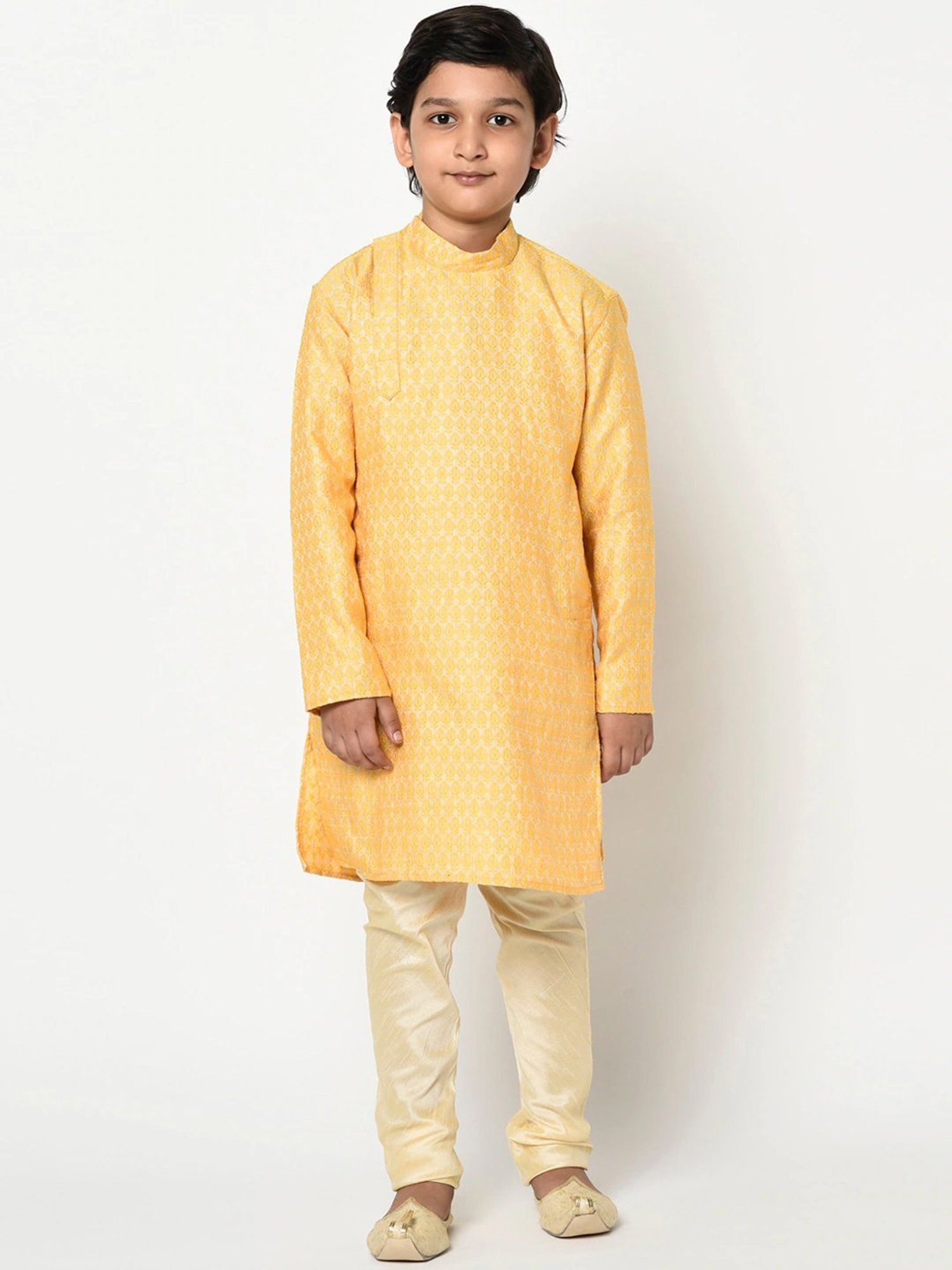 Deyann Kids Yellow & Cream Embroidery Full Sleeves Kurta with Churidar Pants