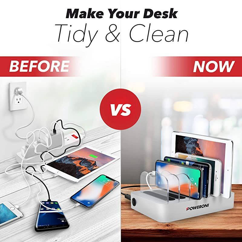 USB Charging Station Dock - Fast Charge Docking Station for Multiple Devices - Multi Device Charger Organizer - Compatible with Apple and Android (Silver 6-Port)