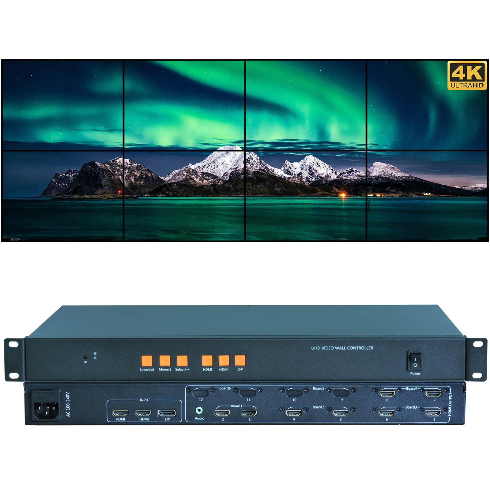 Video Wall Controller 4K 3840x2160@60Hz HDMI 2.0, HDMI 1.4, DP1.2 Inputs with 8 HDMI Outputs for TV Splicing, Support 4x2,4x1,2x3,2x4,1x8 Display and 180 Degree Rotate