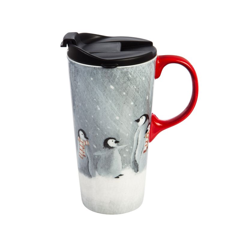 Cypress Home Beautiful Winter Penguins Ceramic Travel Cup with Matching Box - 4 x 5 x 7 Inches Indoor/Outdoor home goods