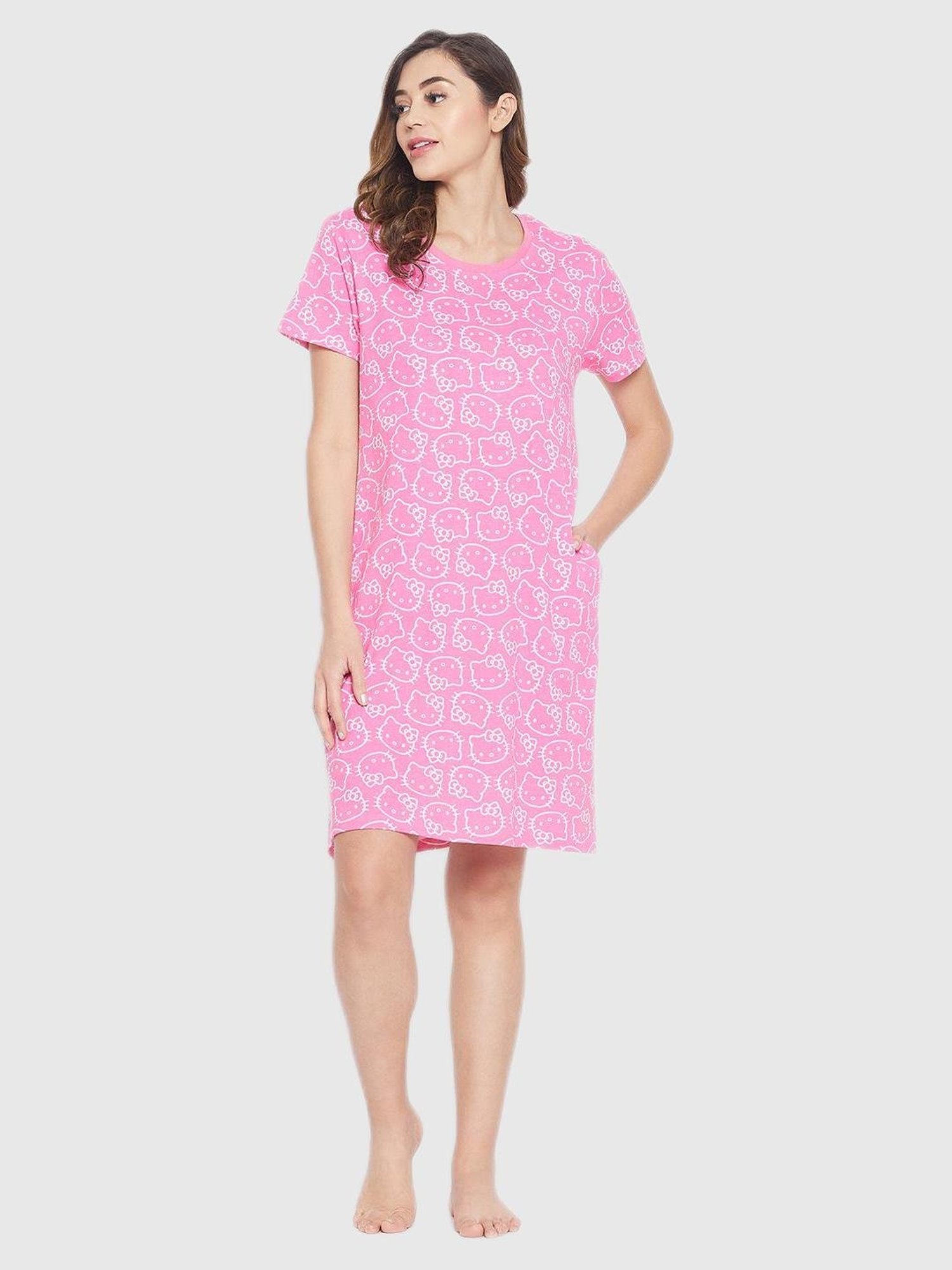 Clovia Pink Graphic Print Night Dress