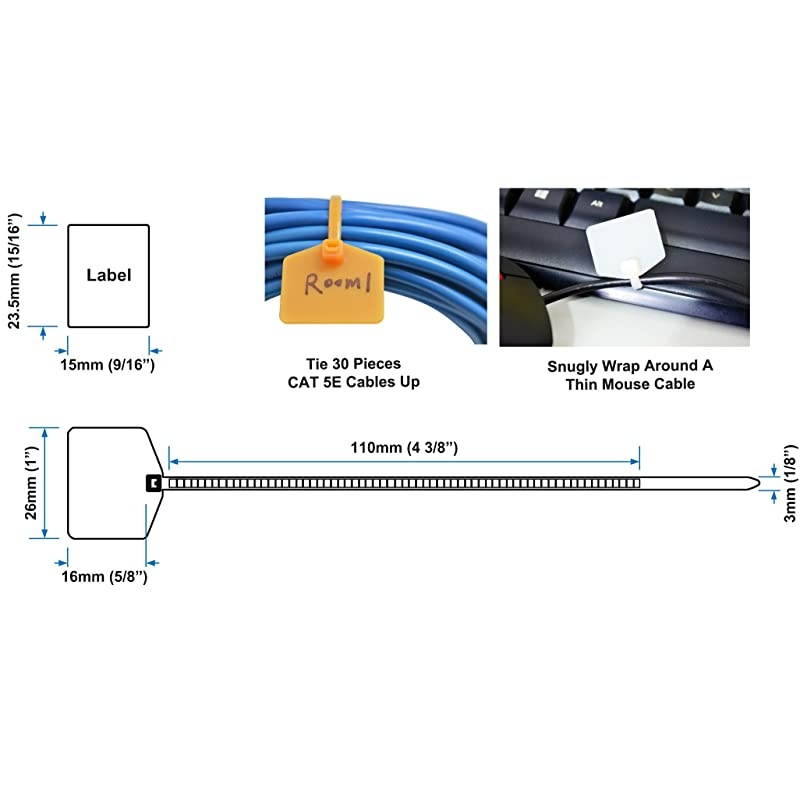 4-3/8&rdquo; Nylon Cable Zip Ties Tags Labels Marker &ndash; Write on | Self-Locking &ndash; with Free Printable Labels - for Wire Marking and Organizing (100, Yellow)