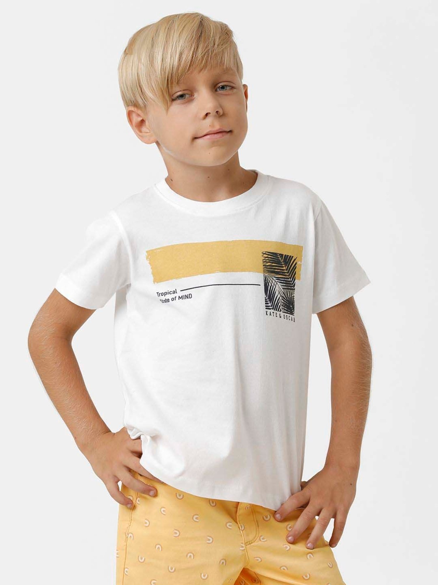 Kate & Oscar Kids White & Yellow Cotton Printed T-Shirt