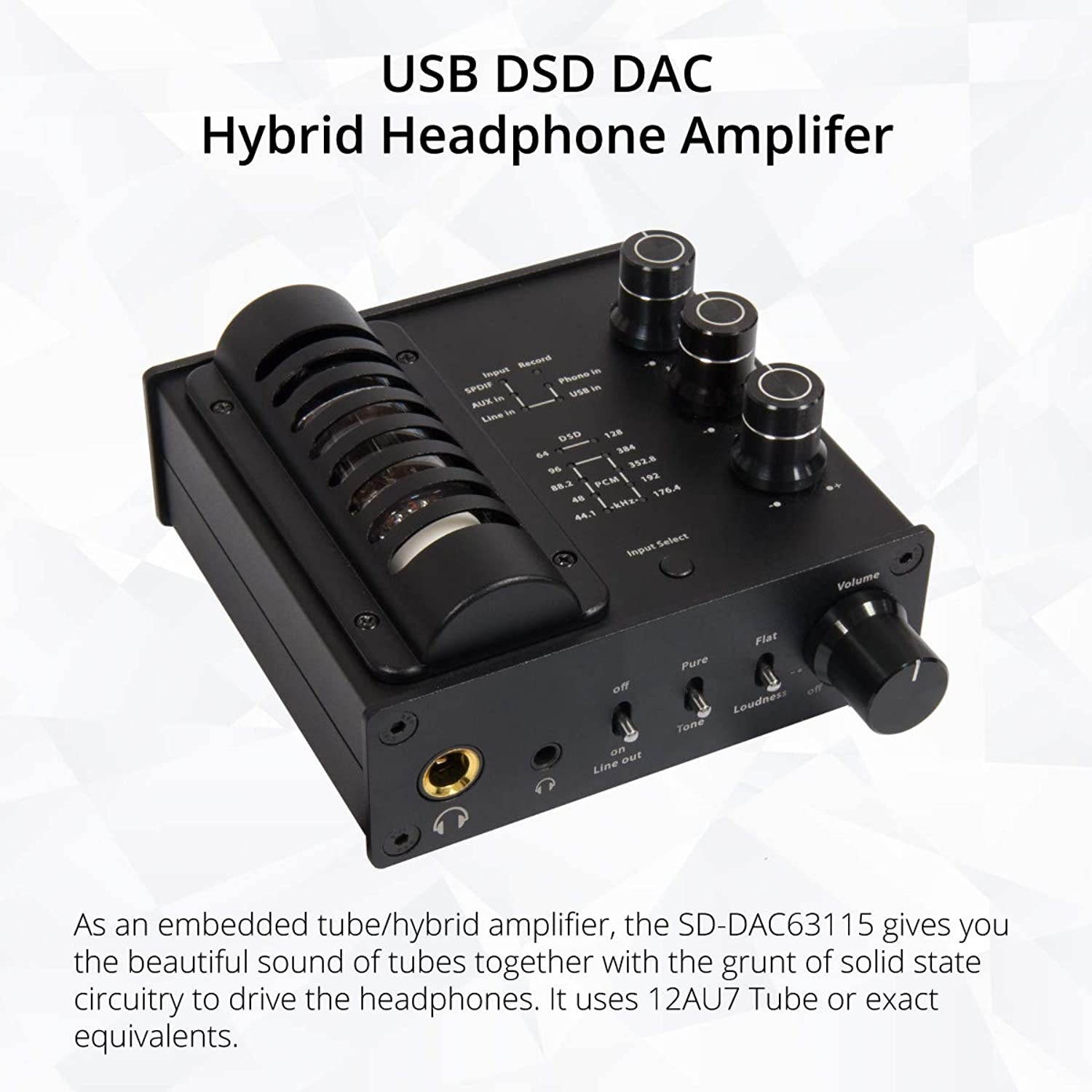 Syba USB 128x DSD 384 kHz 32 bit DAC Hybrid Tube Headphone Amp and Turn Table Pre-Amp Function, Tri Tone Controller (SD-DAC63115)