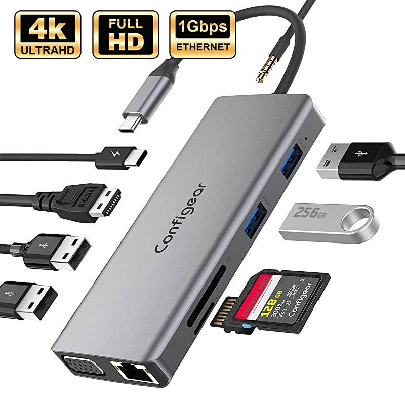 C Hub, C Laptop Docking Station 11 in 1 Multiport Adapter Dongle, 4K C to HDMI, VGA, Ethernet, 100PD, 2 3.0, 2 2.0, Mic/Audio, SD/TF for MacBook Pro Air and More Type C Devices