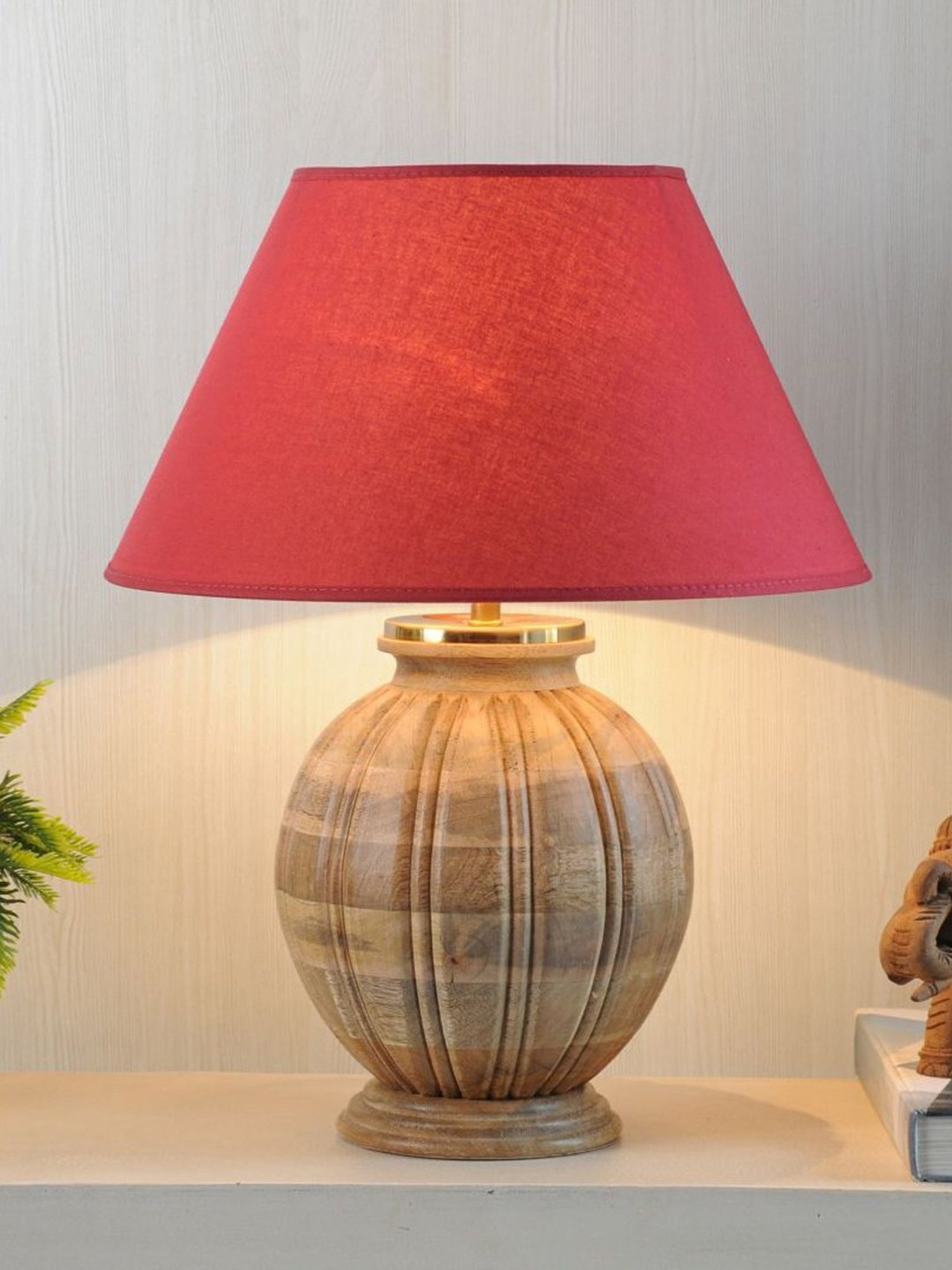 Kapoor Lamp Shades Natural Wood & Red Wood Astros Carved Cotton Shade Table Lamp