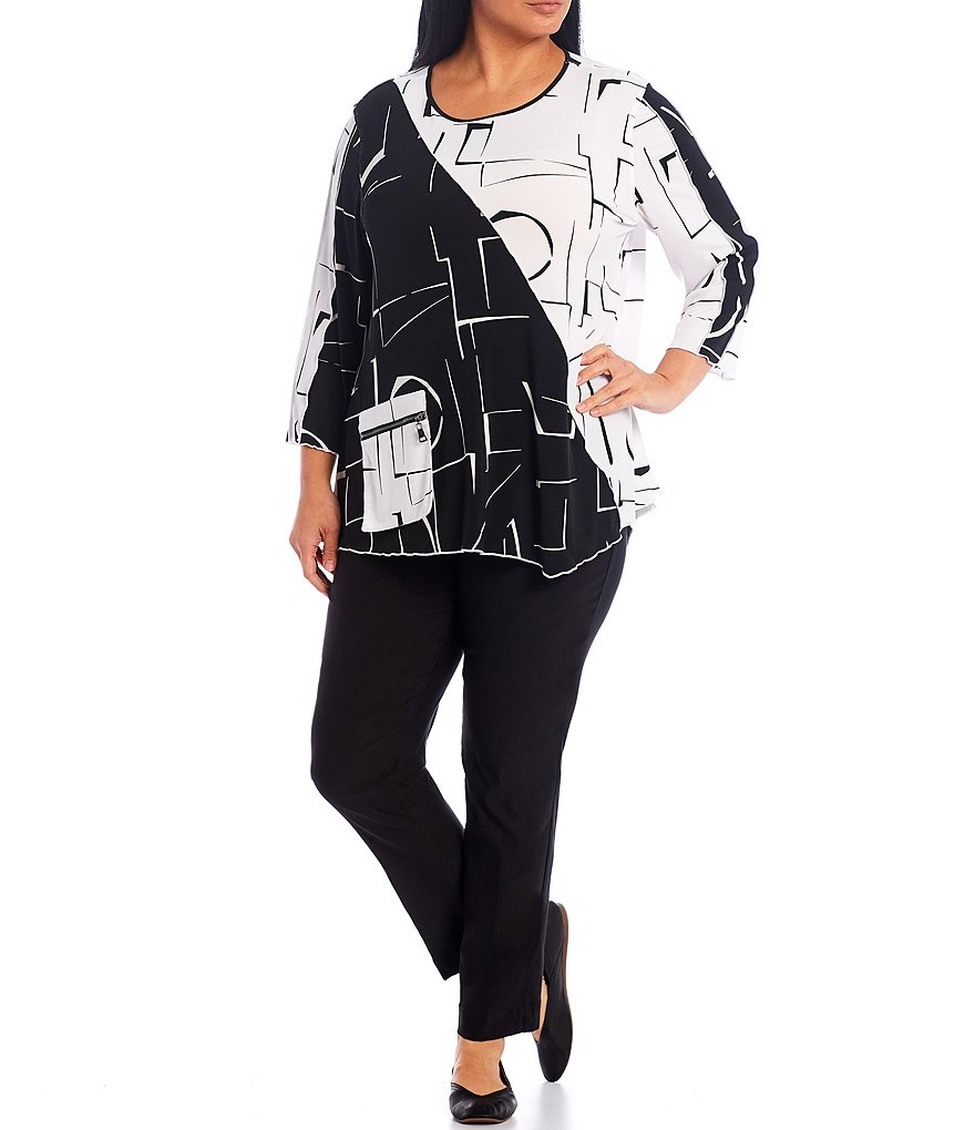 Multiples Plus Size Wide Waistband Pull-On Plain Weave Ankle Pants