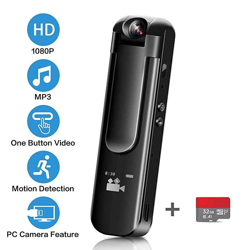 Camera - Body Camera Video Recorder -Small Wearable Pocket Cam - Clip Camera Motion Activated - 130&deg; Wide Angle Lens - Easy to Use Camera 1080P for Home and Office(with 32G Card)