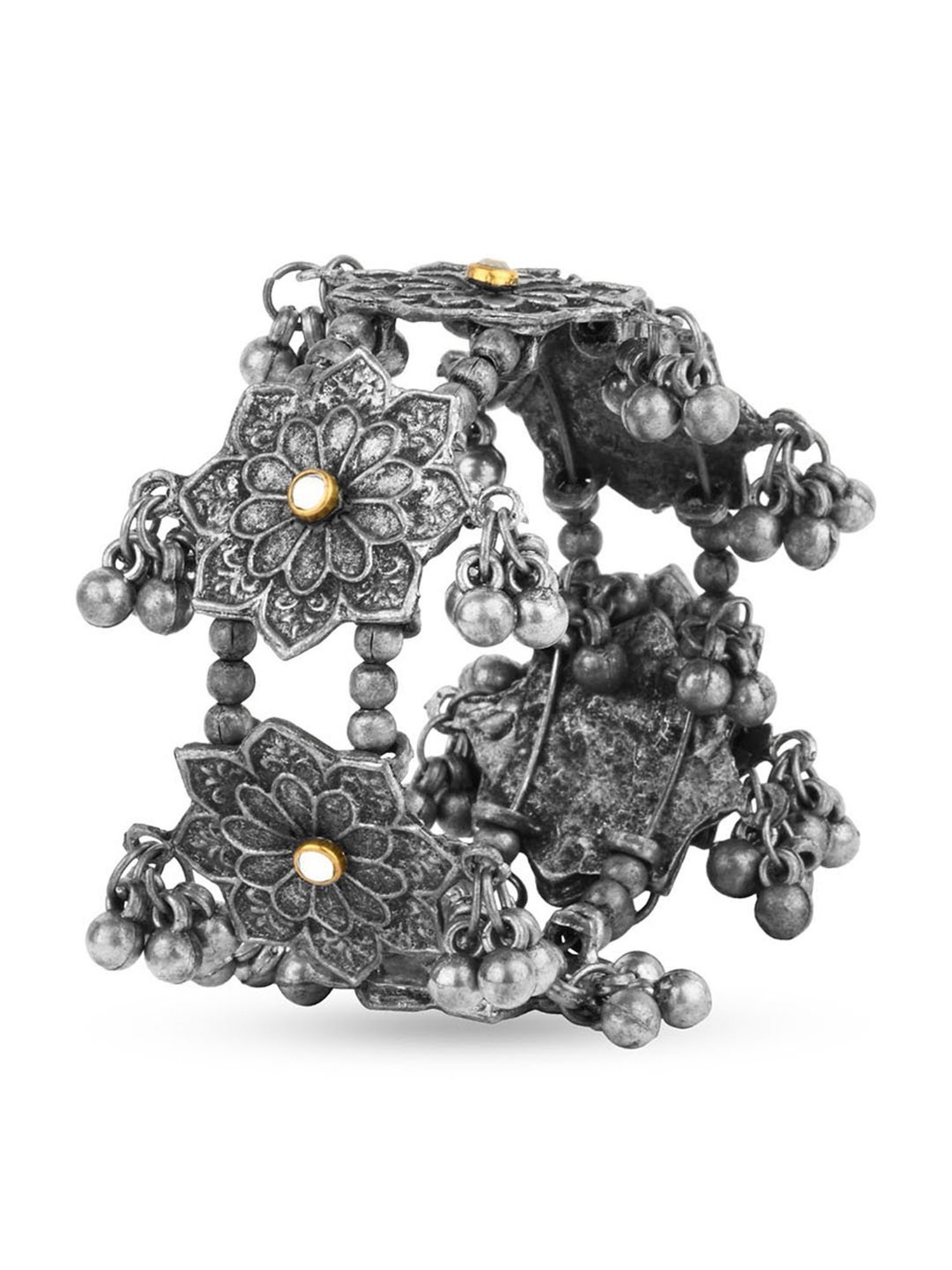 Fida Ethnic Silver-Plated Floral Adjustable Cuff Bracelet for Women