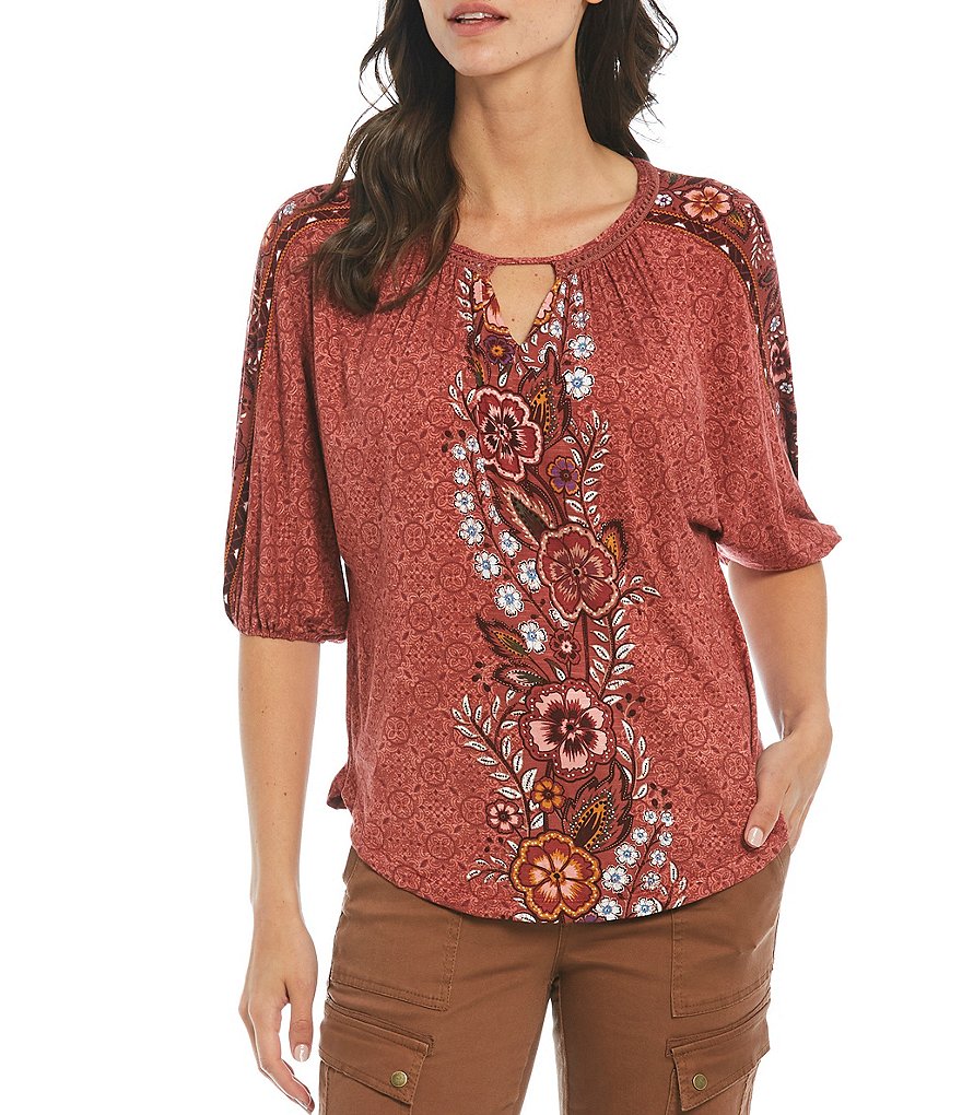 Democracy Floral Border Geo Print Cut Out Keyhole Neck Elbow Sleeve Knit Top