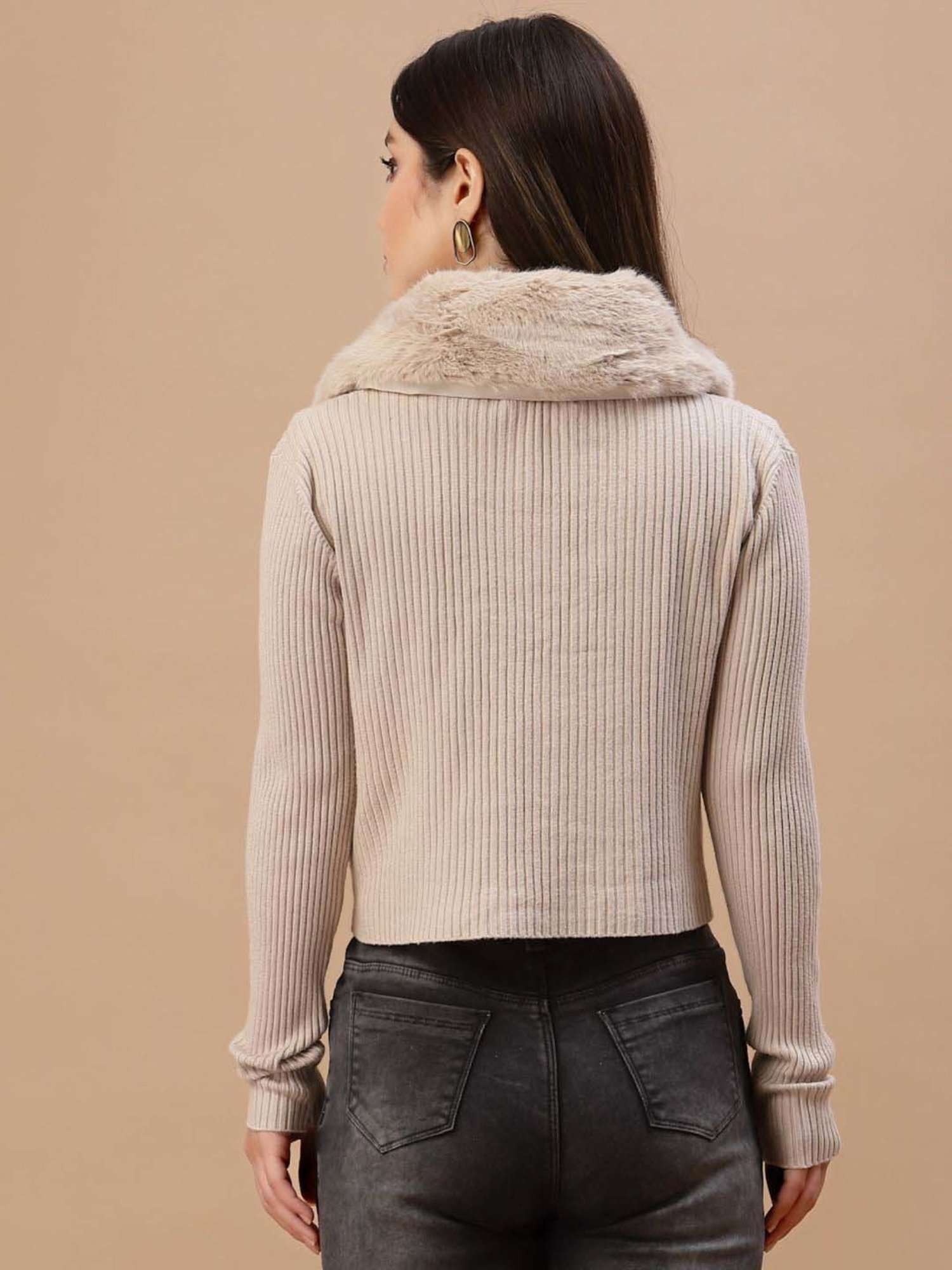 Mafadeny Beige Plain Cropped Cardigan