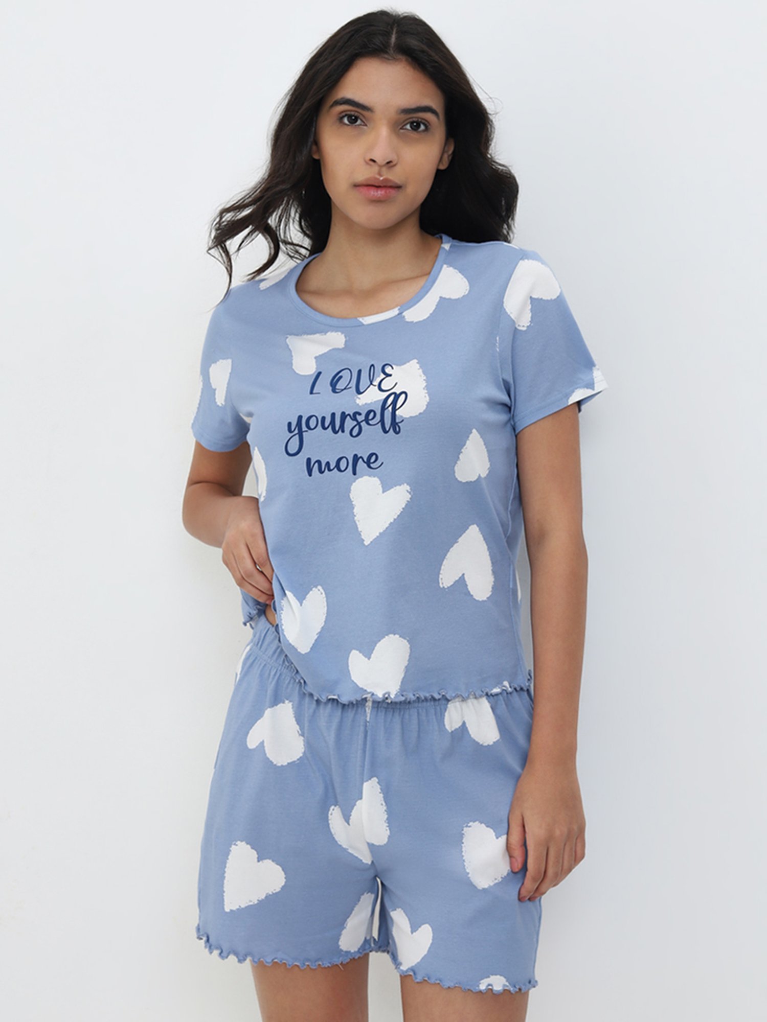 Wunderlove by Westside Blue Heart Printed Cotton Shorts In A Bag