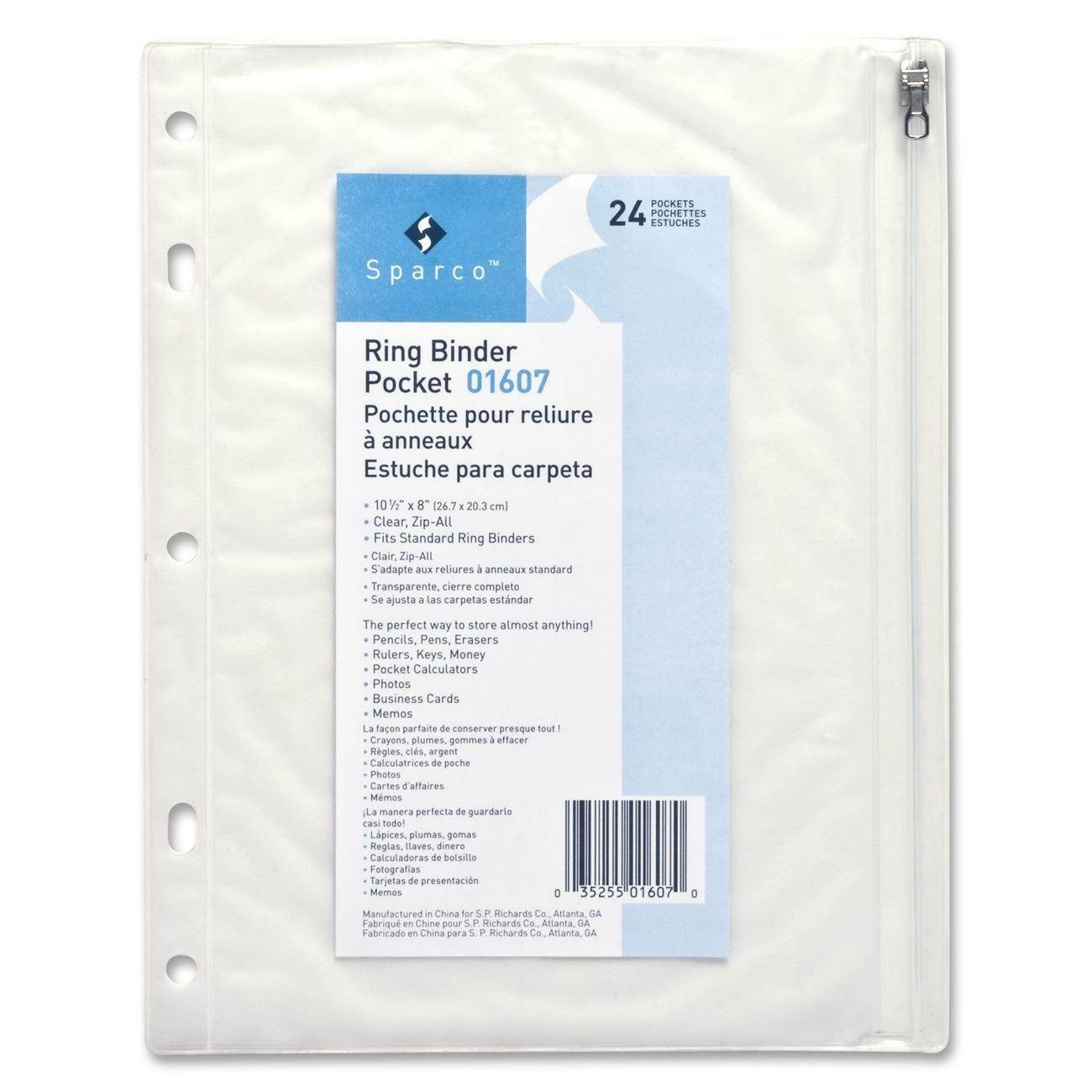 Sparco Ring Binder Pocket w/ Zipper Vinyl Hole Punched 10"x8" CL 01607