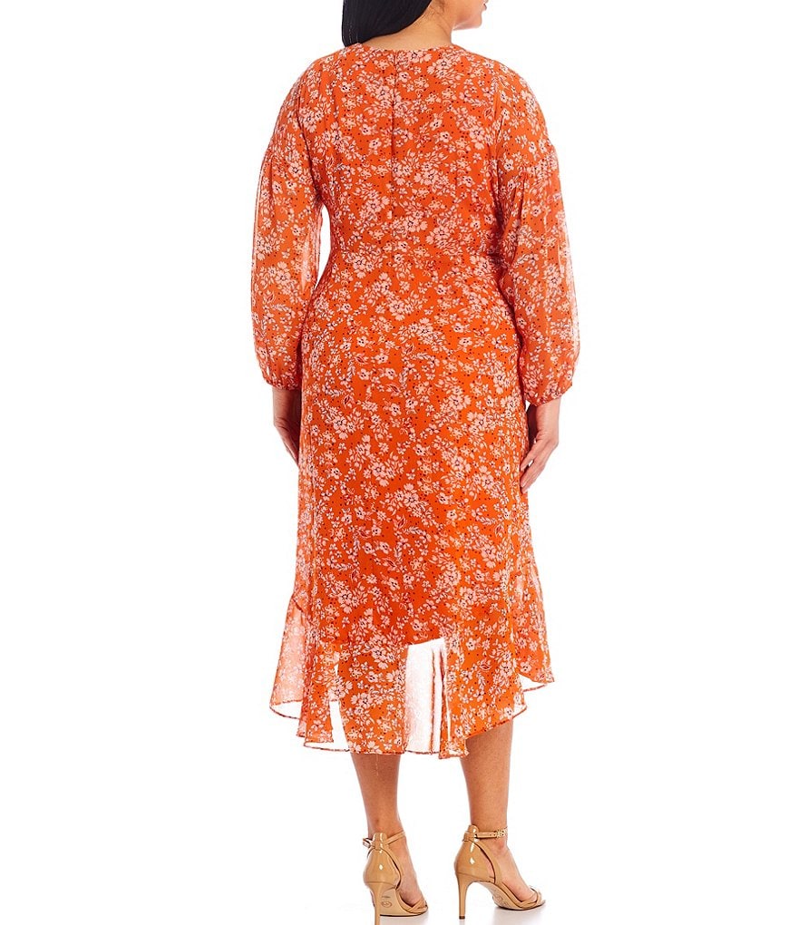 London Times Plus Size V-Neck Long Sleeve Wild Flowers High Low Midi Dress