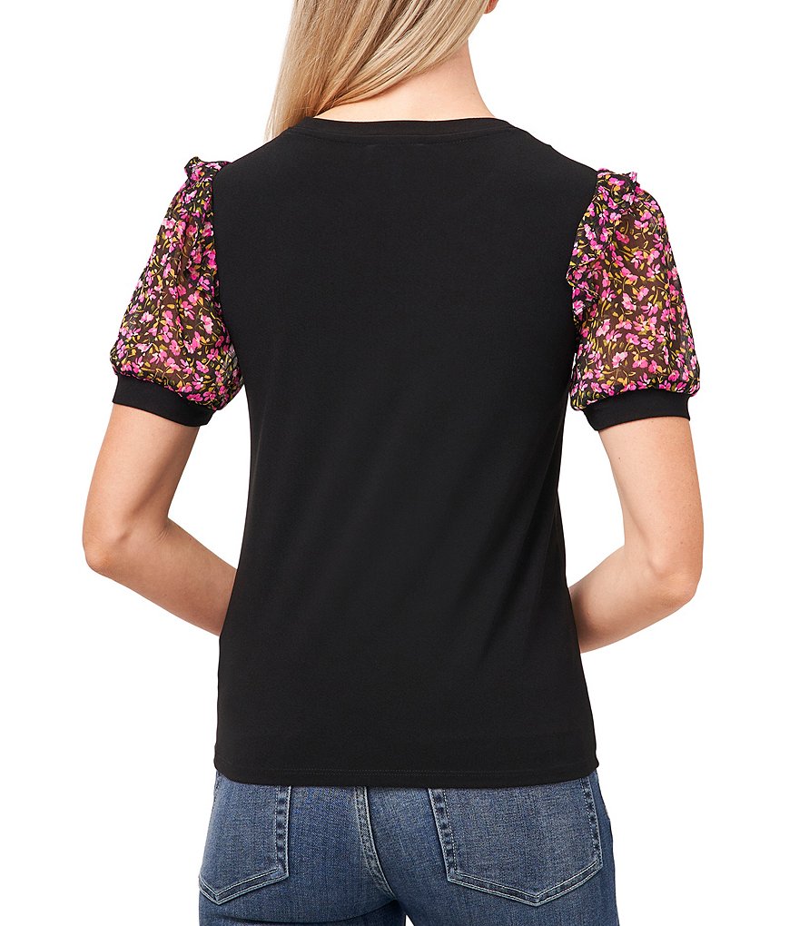 CeCe Ditsy Round Neck Floral Puff Sleeve Knit Top