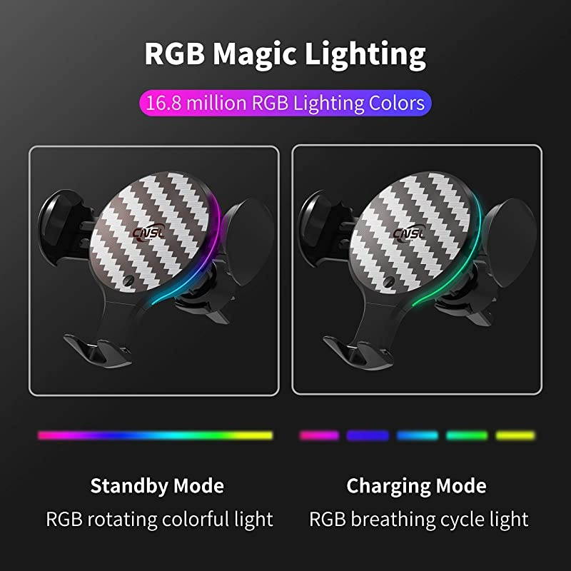 Wireless Car Charger Mount, Auto Clamping Car Phone Holder with RGB Light,10W Qi Fast Charging Air Vent Windshield Dashboard Phone Stand,Compatible with iPhone Samsung and More (Gray)