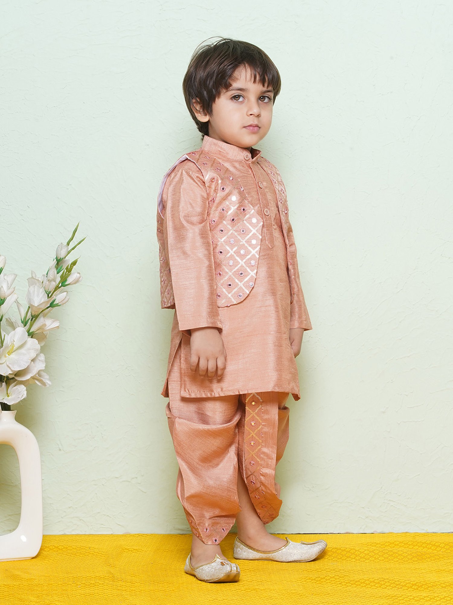 AJ Dezines Kids Peach & Cream Embellished Full Sleeves Kurta, Dhoti with Waistcoat