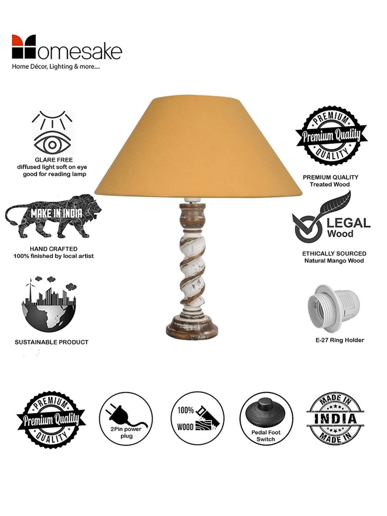 Homesake 'Signature Rustic Rope' Mustard & White Wood Table Lamp with Cone Shade - Set of 1