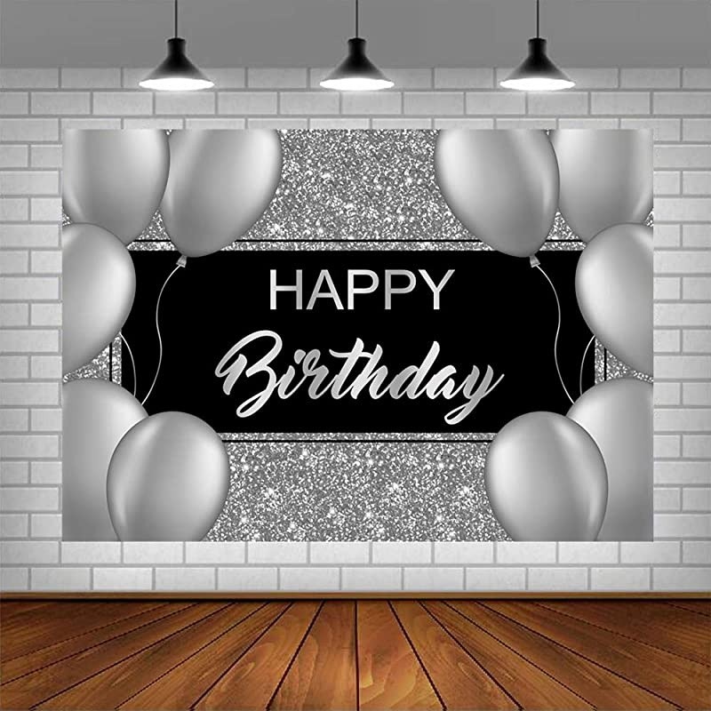 Birthday Photography Backdrop Shinning Sliver and Gery Balloons Birthday Background Black Birthday Party Decorations Banner Photo Studio Props 5x3ft