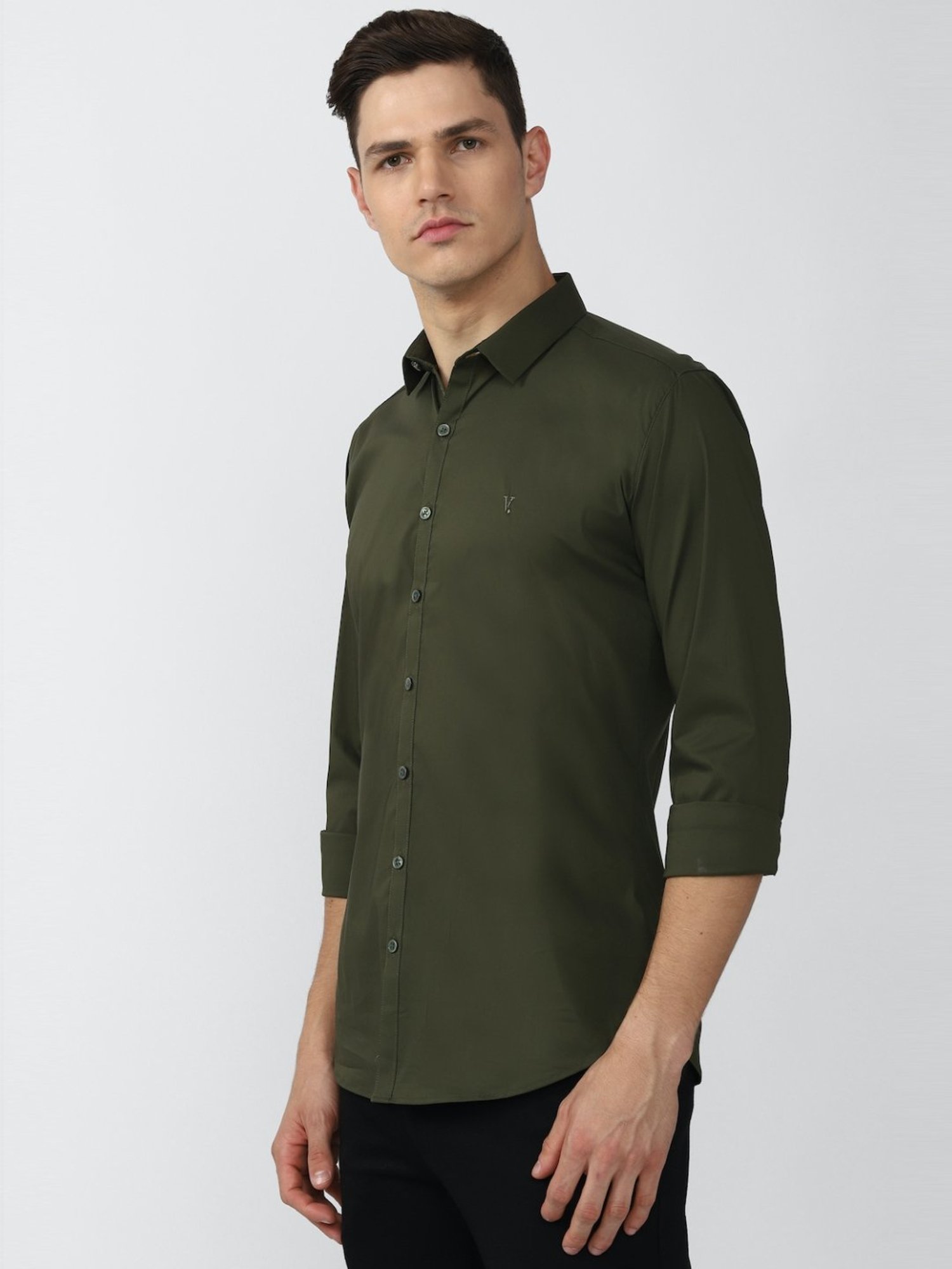 V Dot Green Cotton Skinny Fit Shirt