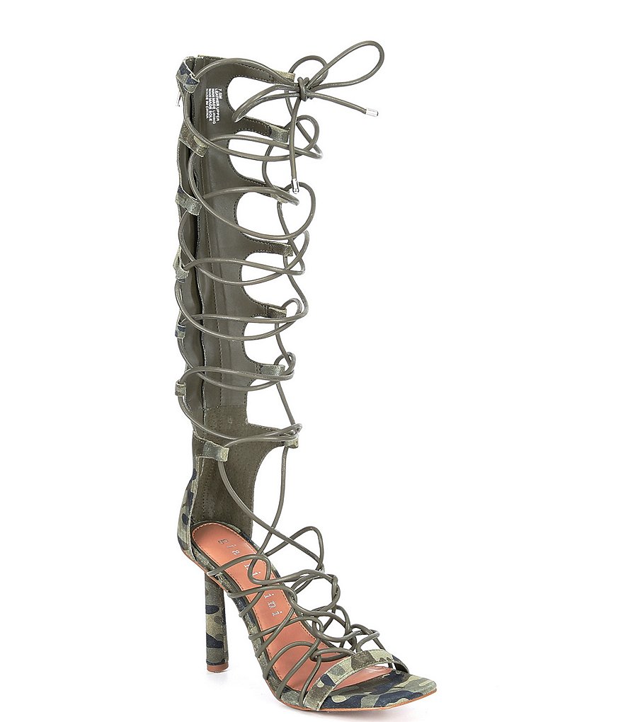 Gianni Bini Rydelle Suede Camo Print Tall Ankle Wrap Lace-Up Dress Sandals
