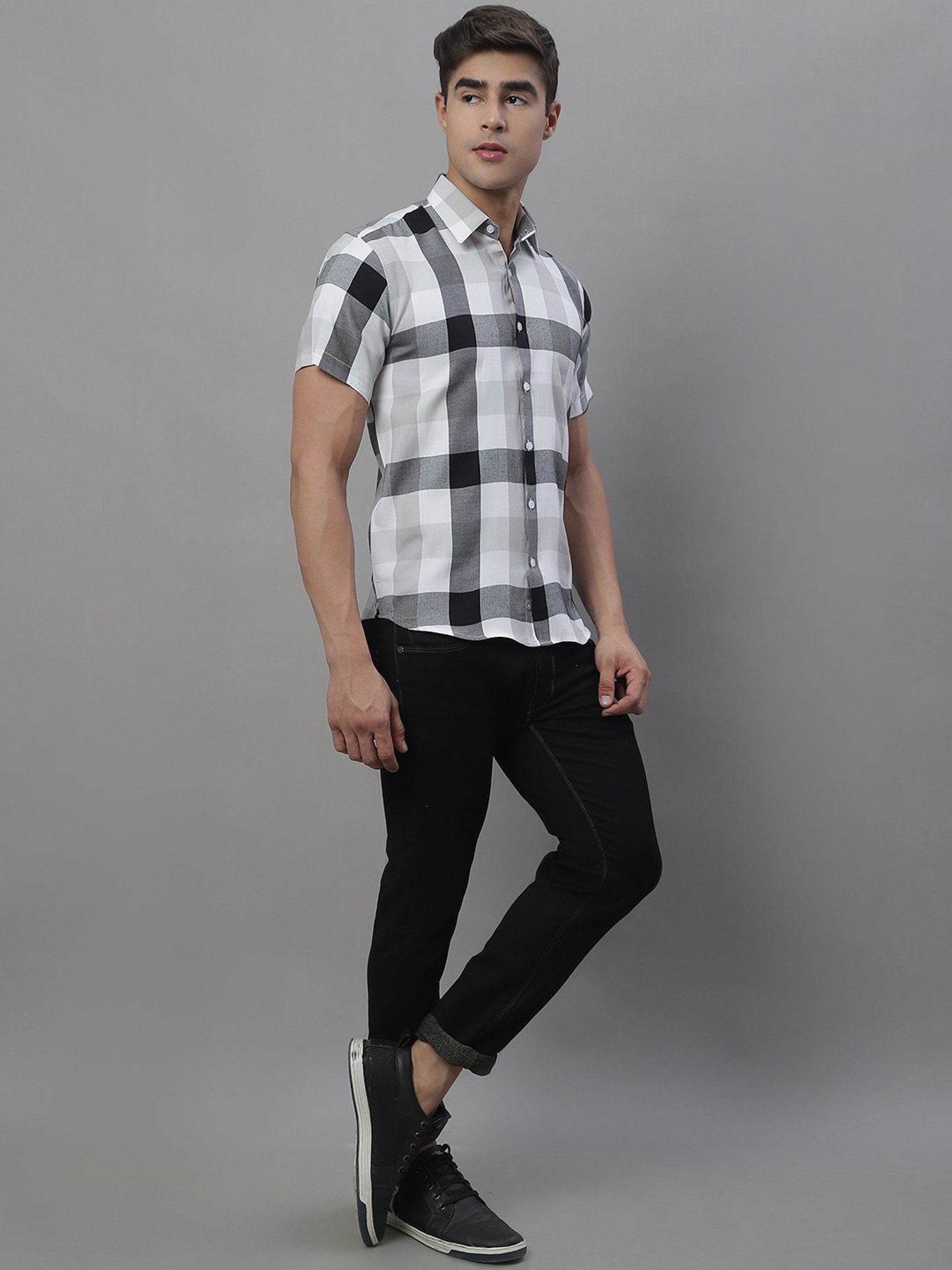 Jainish Black Regular Fit Check Cotton Shirt