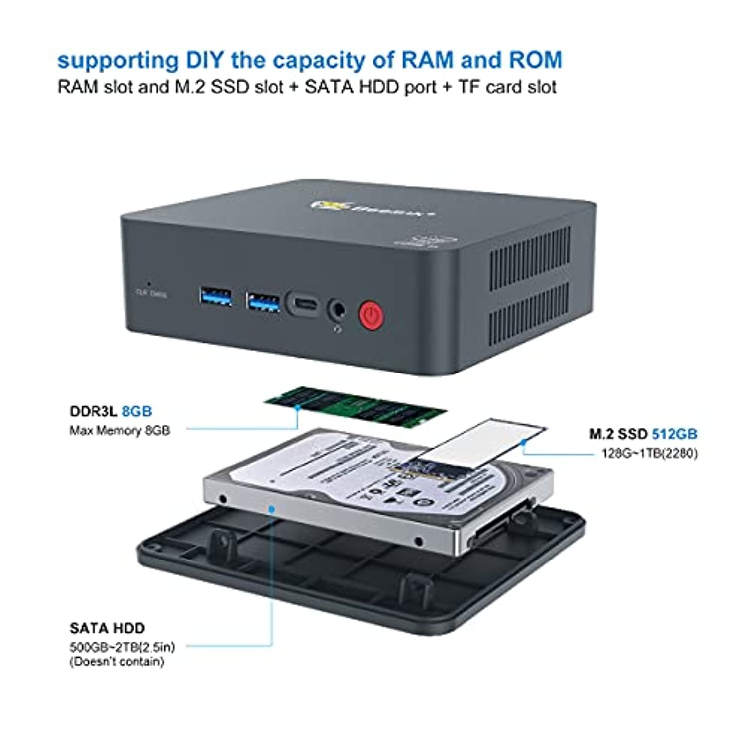 Mini PC Beelink U55 Intel core i3-5005U Windows 10 64-bit Mini Desktop Computer,Dual HDMI / 2.4G+5G WiFi/Gigabit Ethernet/Type-C Port / 4 USB Ports (U55 8+128G)