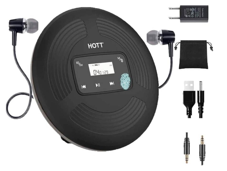 CD903TF Portable CD Player for Car Speakers with FM Transmitter Bluetooth Rechargeable Touch Button Backlight Display Black