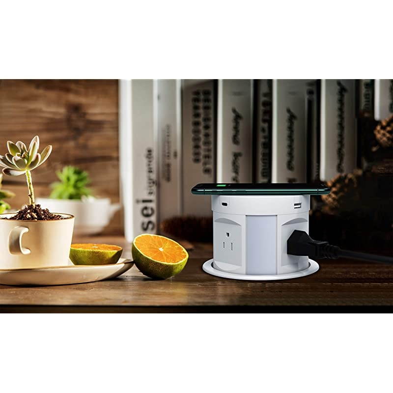 Automatic Pop up Outlet Wireless Charger Power Strip Surge Protector Recessed Outlet 4 AC Plug + TypeA and TypeC USB Port Outlets for Countertop Kitchen Island Conference Workbench