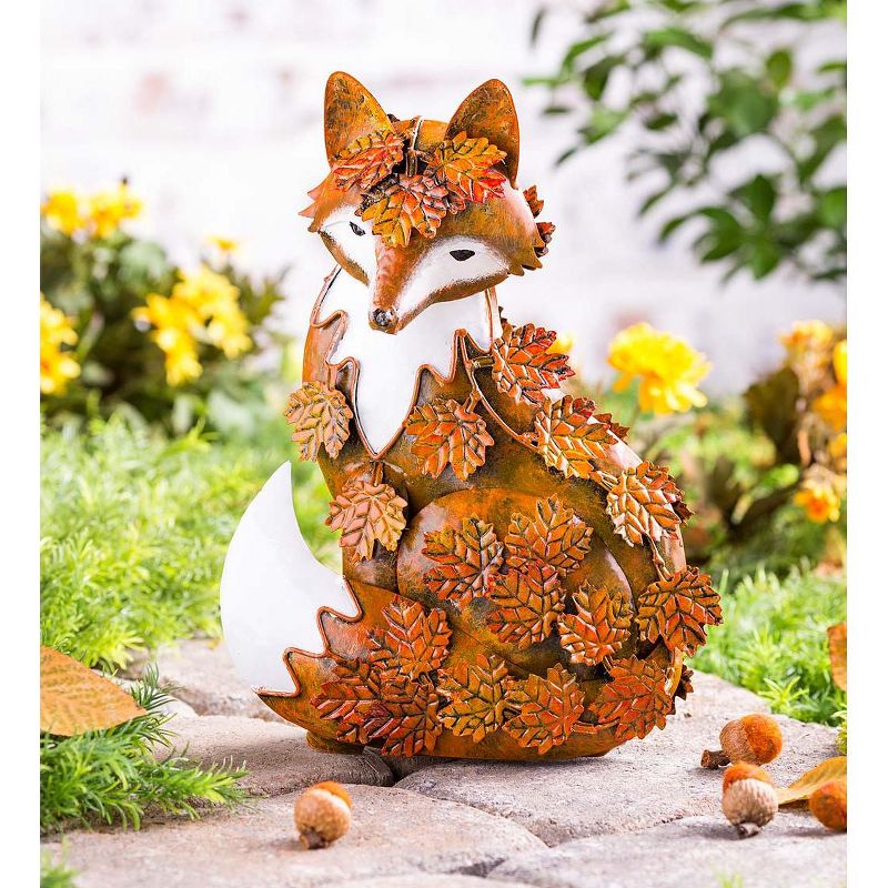 Wind & Weather Handcrafted Metal Fox Sculpture Draped in Fall Leaves