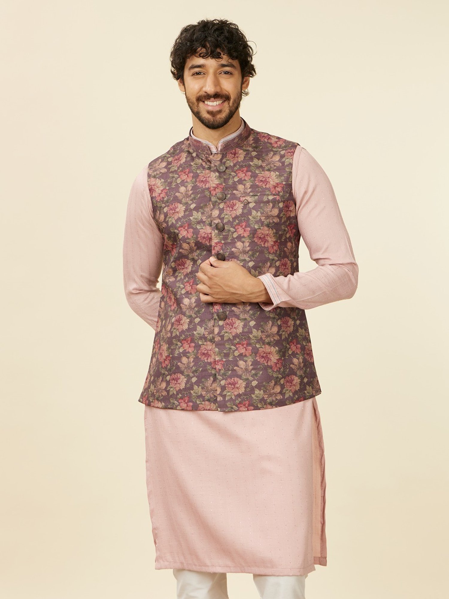 Manyavar Wine Regular Fit Printed Nehru Jacket