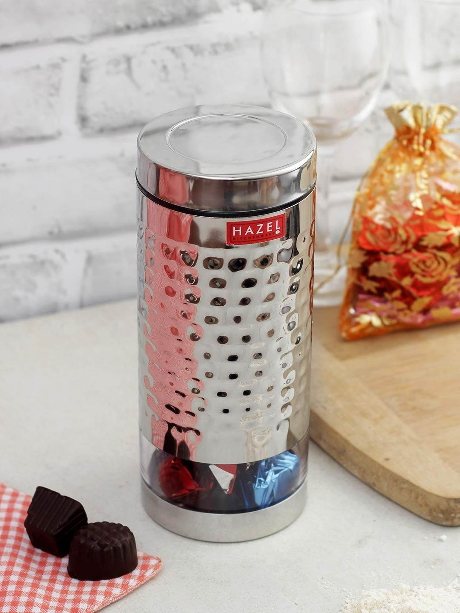 HAZEL Silver Stainless Steel Hammered Container (1 L)