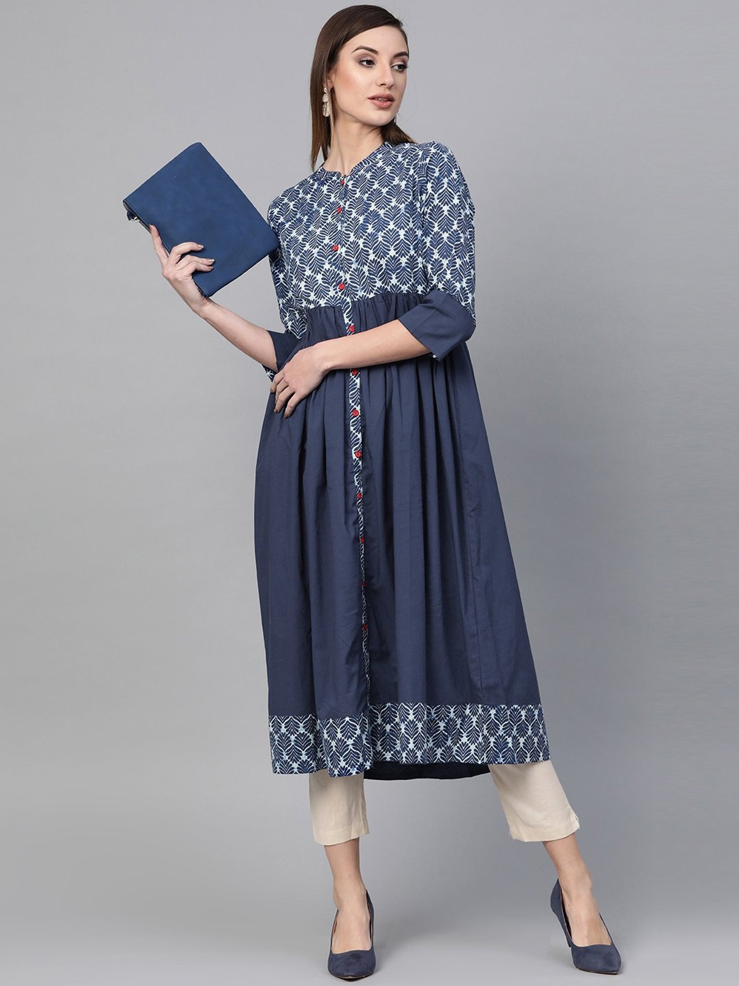 Geroo Jaipur Blue Indigo Hand Block Printed Pure Cotton Kurta