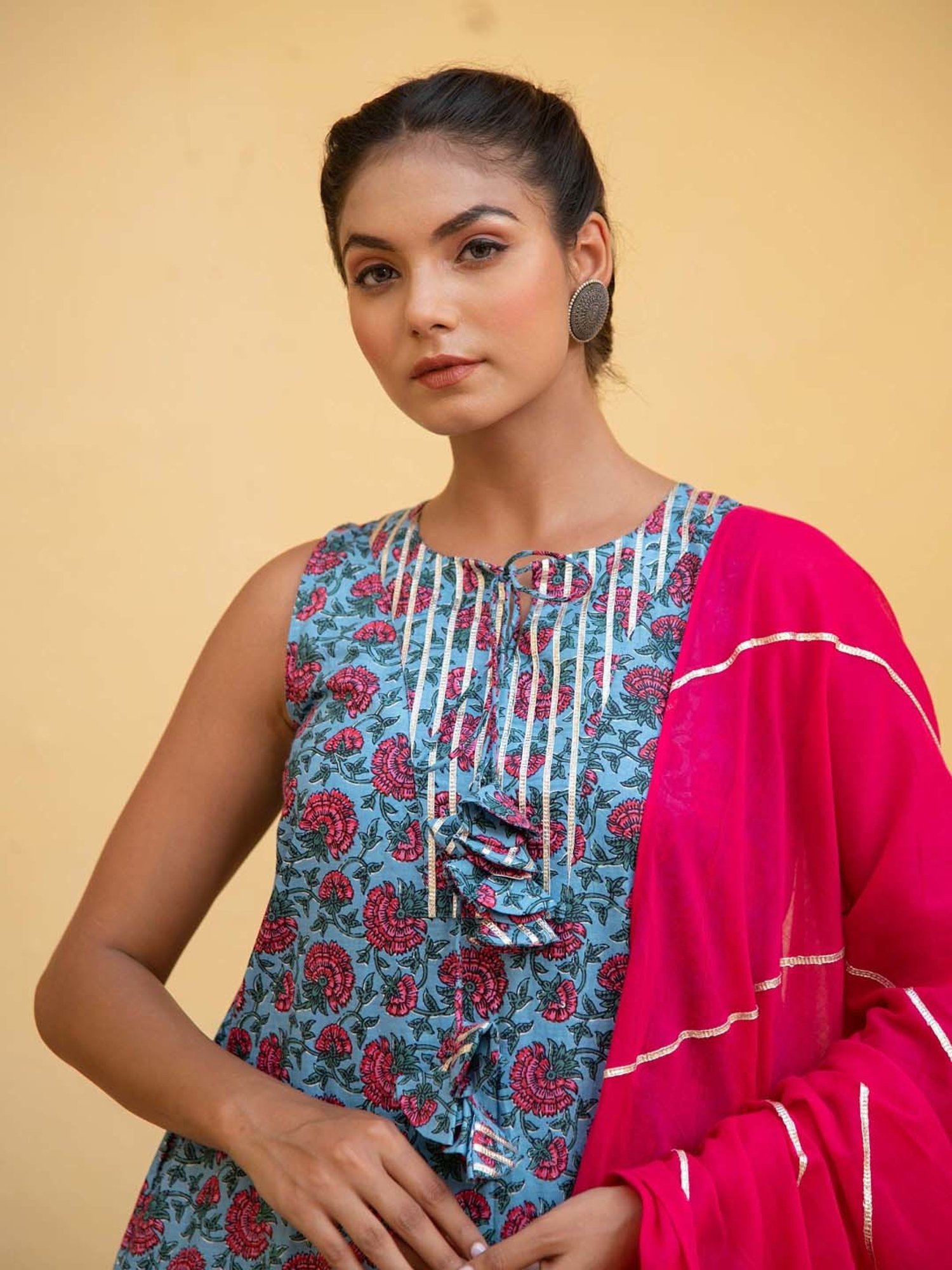 KAORI BY SHREYA AGARWAL Blue Cotton Printed Kurta Palazzo Set With Dupatta