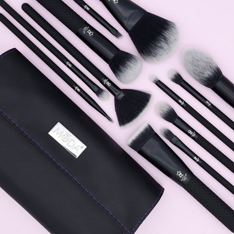 MODA Brush Pro 13pc Full Face Black Makeup Brush Set with  Wrap, Includes - Highlighter, Buffer, Shade, and Crease Brushes