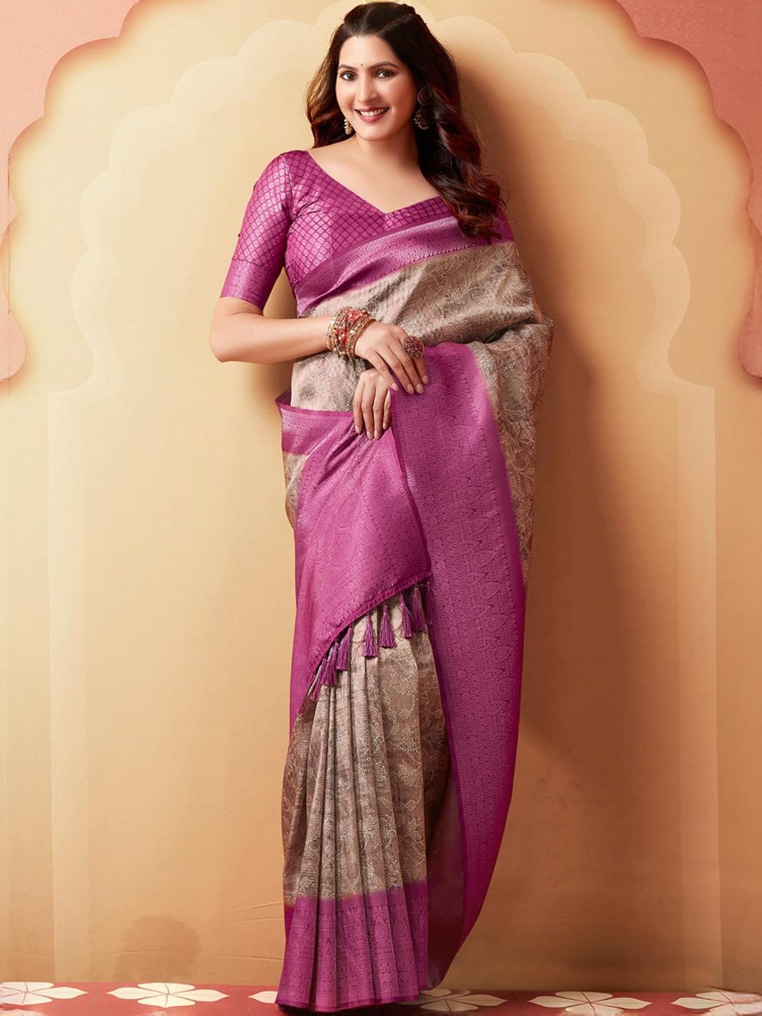 Satrani Brown & Purple Woven Saree With Unstitched Blouse