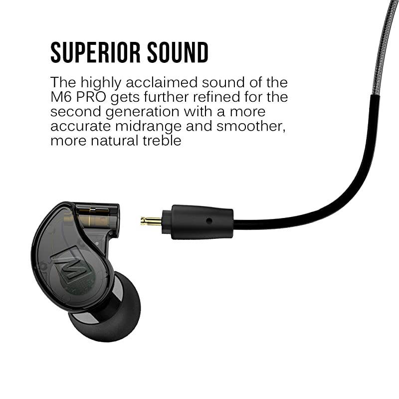M6 PRO Musicians InEar Monitors with Detachable Cables UniversalFit and NoiseIsolating 2nd Generation Black