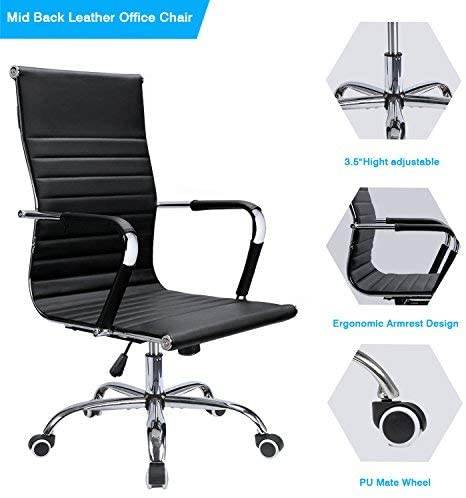 Devoko Office Desk Chair Mid Back Leather Height Adjustable Swivel Ribbed Chairs Ergonomic Executive Conference Task Chair with Arms (Black)