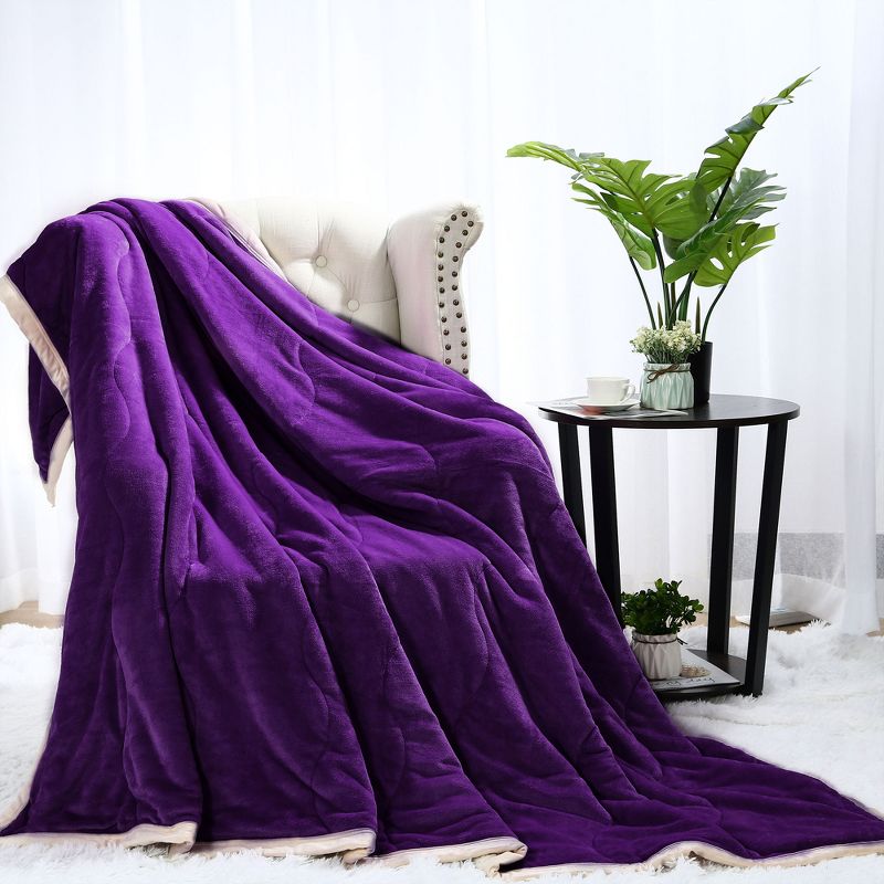Full/Queen Microfiber Flannel Fleece Plaid Patterned Bed Blankets Dark Purple  - PiccoCasa