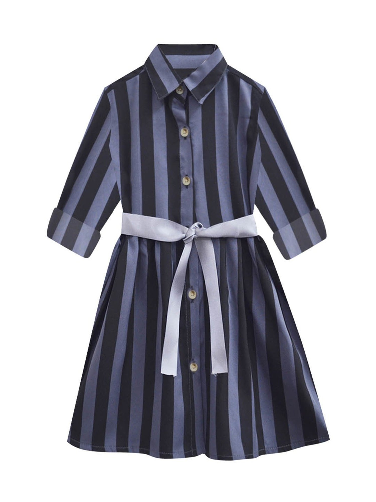 A.T.U.N. Charcoal Grey & Black Striped Full Sleeves Shirt Dress